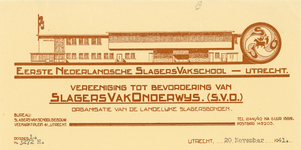 711513 Briefhoofd van een brief van de Eerste Nederlandsche Slagersvakschool, Veemarktplein 41 te Utrecht, met een ...